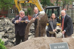 Brooklyn Parks Commissioner Marty Maher, Councilmember David Greenfield, Community Board 14 District Manager Shawn Campbell and Board 14 Chairman Alvin Berk (left to right) mark the groundbreaking of the Di Gilio Playground reconstruction project. Photo courtesy of Greenfield’s office