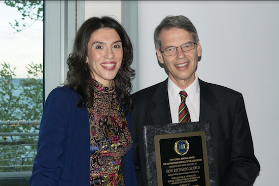 The Law Secretaries Association of NYC honored four during its annual dinner including Brooklyn’s own administrative judge for the Supreme Court, Civil Term, Lawrence Knipel. Pictured is the Law Secretaries Association President Abigail Shvartsman presenting Hon. Lawrence Knipel with the William Goodstein Memorial Award. Eagle photos by Rob Abruzzese