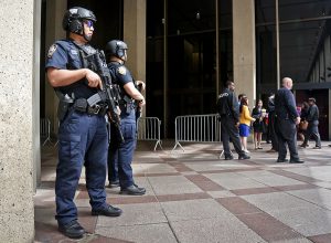 A New York Police Department anti-terror unit guard an entry area to Madison Square Garden, Tuesday in New York City. The NYPD says it has tightened security at high-profile locations "out of an abundance of caution" following the deadly explosion in Manchester, England. AP Photo/Bebeto Matthews