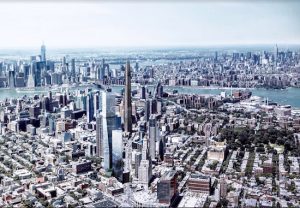 The two towers to the left of the Williamsburgh Savings Bank clocktower are part of a planned development at 80 Flatbush Ave. in Downtown Brooklyn. Renderings by Alloy Development
