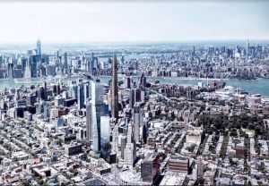 The two towers to the left of the Williamsburgh Savings Bank clocktower are part of a planned development at 80 Flatbush Ave. in Downtown Brooklyn. Renderings by Alloy Development