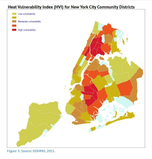 This map shows sections of the city where resident have the highest vulnerability to the risk of death during a heat wave. Image courtesy of the Department of Health