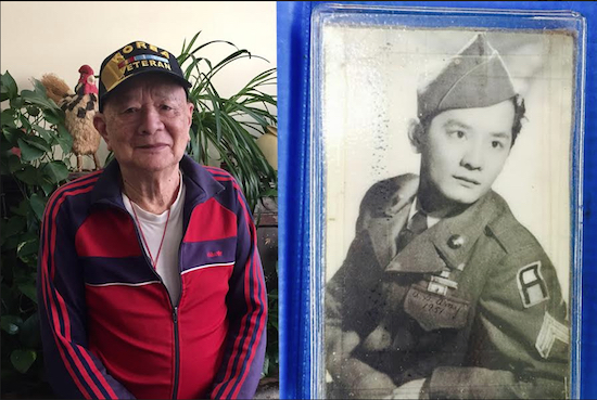 (Left) Lai Fa Hom, the 89-year-old Korean War veteran, at the lobby of his Carroll Garden senior home. (Right) In 1951, Hom enlisted in the U.S. Army. Eagle photo by Jane Yi Zhang (right). Photo courtesy of Lai Fa Hom (left)