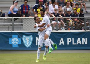 Thanks to a 52nd-minute goal from Juan Guerra (right), the Cosmos extended their unbeaten streak to seven games and moved into second place in their chase for first place and an automatic birth into the playoffs. Photos courtesy of North Carolina FC