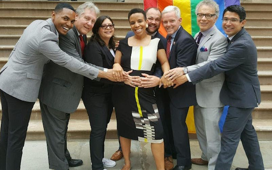 Councilmember Laurie Cumbo (center) says the support she is receiving from the seven members of the City Council's LGBTQ Caucus is meaningful. Pictured with Cumbo are Ritchie Torres, Daniel Drumm, Rosie Mendez, Corey Johnson, James Van Bramer, James Vacca, and Carlos Menchaca (left to right). Photo courtesy of Cumbo’s campaign
