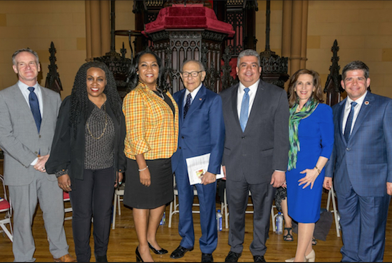 Brooklyn's seven candidates for district attorney (from left): Marc Fliedner, Patricia Gatling, Ama Dwimoh, John Gangemi, Acting DA Eric Gonzalez, Anne Swern and Councilmember Vincent Gentile. Eagle photos by Rob Abruzzese