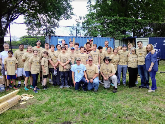 Nicholas D’Onofrio (blue shirt) with father Harry D’Onofrio next to him and members of Scout Troop 13, friends, family and supporters. Eagle photos by Arthur De Gaeta