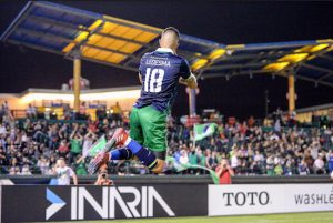 Emmanuel Ledesma celebrates his goal against Puerto Rico FC on Friday night at MCU Park. The Cosmos triumphed 4-2. Photos courtesy of the New York Cosmos