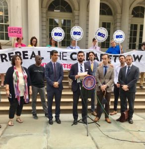 Prior to the Consumer Affairs Committee hearing, Espinal hosted a press conference on the steps of City Hall calling for a repeal of the Cabaret Law and the implementation of an Office of Nightlife. Photo courtesy of Councilmember Espinal’s office