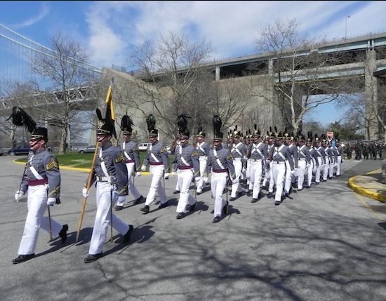 West Point cadets march in formation at the U.S. Army Garrison Fort Hamilton in a 2015 ceremony. Brooklyn House members are pushing to have the army change the names of two streets on the base; Lee Avenue and Stonewall Jackson Drive. Eagle file photo by Paula Katinas