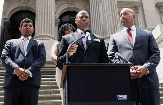 Brooklyn Borough President Eric Adams and Bronx Borough President Ruben Diaz Jr. released a report on Wednesday outlining their proposals to eliminate disparities in gifted education in New York City. They presented their findings at Tweed Courthouse alongside task force members Steven Francisco (left) and Geneal Chacon (rear). Photo by Erica Sherman/Brooklyn BP’s Office