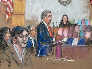 Martin Shkreli on left, listens as his lawyer, Benjamin Brafman provides his opening arguemnt to a jury at Brooklyn Federal Court. Court sketches by Shirley Shepard.