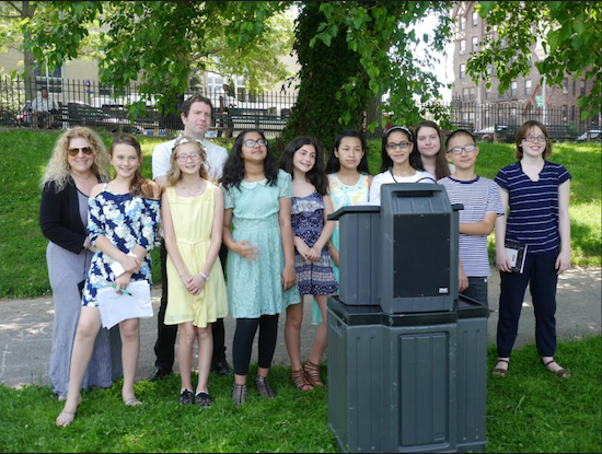 McKinley English teacher Jessica Amato (left) and art teacher Roma Karas (back) with students participating in Poetry in the Park. Eagle photo by Arthur De Gaeta