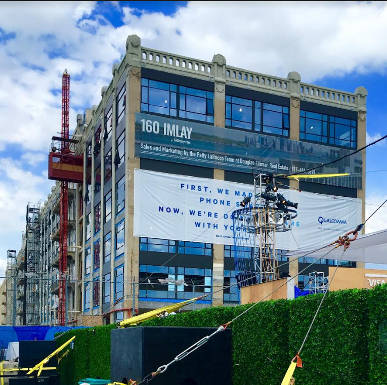 Here's the former New York Dock Co. building, AKA 160 Imlay St., at the edge of the New York City ePrix racetrack on Saturday. Eagle photos by Lore Croghan