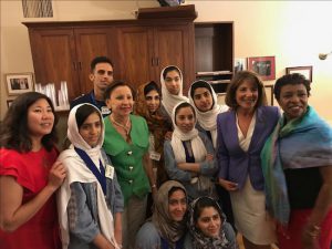 Brooklyn lawmakers U.S. Rep. Yvette Clarke (right) and U.S. Rep. Nydia Velazquez (third from left) were among the members of Congress congratulating the Afghan girls robotics team and their coach. Also pictured are U.S. Reps. Grace Meng of Queens (far left) and Susan Davis (next to Clarke) of California. Photo courtesy of U.S. House of Representatives