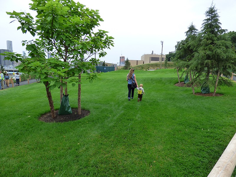 Rebecca Roddick, director of horticulture at BBP, and her son Milo meander across a swath of the newly opened area upland of Pier 5 in BBP.