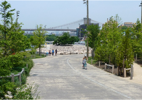 A woman rides her bike on the rolling path through Brooklyn Bridge Park. A development, Pierhouse, can be seen in the background. Photo by Mary Frost