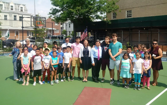Councilmember Vincent Gentile, District Manager Angelina Dahab, P.S. 200 Principal Javier Muniz and students from P.S. 200 at opening of newly renovated Benson Playground. Photos courtesy of Vincent Gentile