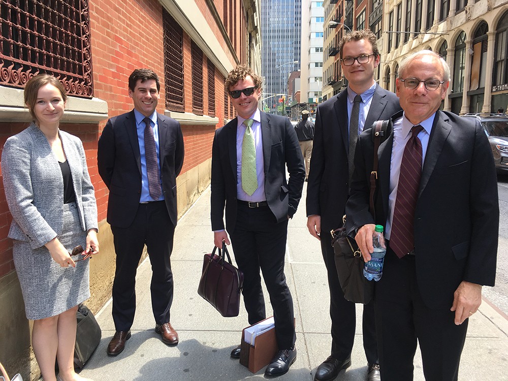 BHA’s legal team after their unsuccessful bid to obtain an emergency TRO on Pier 6 construction on Thursday. From left: Attorney Tessa Roberts, Dan Wolf, attorney Matt Wilkins, Owen Keiter, lead attorney Richard Ziegler. Photo by Mary Frost