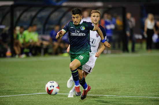 Emmanuel Ledesma (18) salvaged a point for the New York Cosmos on Tuesday when he tied the game in the 85th minute on a penalty kick against Indy Eleven. The brace was the midfielder’s fourth goal of the season and his third in three games. Photos courtesy of the New York Cosmos