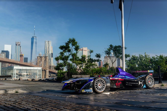 Formula E ePRix, the world’s first fully electric single-seater racing series is coming to Red Hook this weekend. A group of 10 teams will race around a brand new 1.2-mile track inside the Brooklyn Cruise Terminal. Shown: The DS Virgin Racing Formula E Team’s car in Brooklyn Bridge Park. Photo courtesy of DS Virgin Racing/Spacesuit