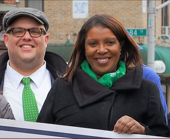 Public Advocate Letitia James marched with Justin Brannan and the Bay Ridge Democrats in the Bay Ridge Saint Patrick’s Day Parade earlier this year. Photo by Teri Brennan