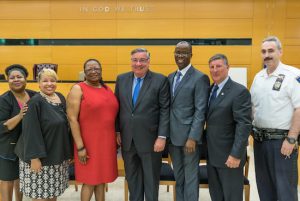On Wednesday, the Kings County Courts kicked off its summer internship program, which stretches back 28 years. Pictured from left: Charmaine Johnson, Hon. Deborah A. Dowling, Hon. Delores Thomas, Hon. Matthew D’Emic, Charles Small, Daniel Alessandrino and Major Michael Losi. Eagle photos by Rob Abruzzese