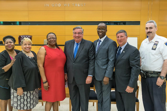 On Wednesday, the Kings County Courts kicked off its summer internship program, which stretches back 28 years. Pictured from left: Charmaine Johnson, Hon. Deborah A. Dowling, Hon. Delores Thomas, Hon. Matthew D’Emic, Charles Small, Daniel Alessandrino and Major Michael Losi. Eagle photos by Rob Abruzzese