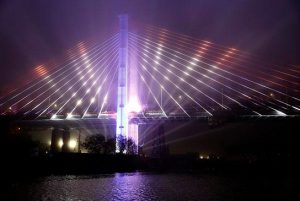 The new Kosciuzko Bridge span connecting Brooklyn and Queens shown at a grand opening ceremony for the bridge Thursday, April 27, 2017. AP photo by Kathy Willens