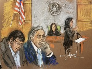 Martin Shkreli, left, and his lawyer Benjamin Brafman listen to Assistant U.S. Attorney Jacquelyn Kasulis deliver her rebuttal in federal court. Court sketch by Shirley Shepard