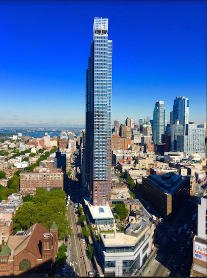 Construction is nearly finished at the Hub (the tall tower in the center of the photo), which is located at 333 Schermerhorn St. in Downtown Brooklyn. Eagle photos by Lore Croghan
