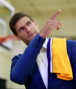 Though he’s currently residing in La-La Land, former Nets great Brook Lopez still knows how to point the way to Brooklyn, where he will be on Feb. 2 in what should be a very emotional return to the only franchise he played for during his first nine years in the NBA. AP Photo by Chris Pizzello
