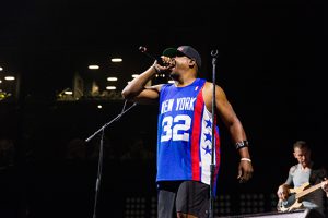 Chuck D (left), and Tim Commerford perform during Prophets of Rage, Make America Rage Again Tour at Barclays Center on Saturday, Aug. 27, 2016, in New York. Photo by Michael Zorn/Invision/AP