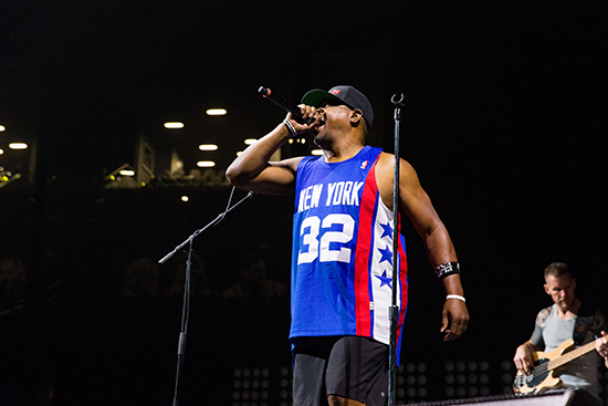 Chuck D (left), and Tim Commerford perform during Prophets of Rage, Make America Rage Again Tour at Barclays Center on Saturday, Aug. 27, 2016, in New York. Photo by Michael Zorn/Invision/AP