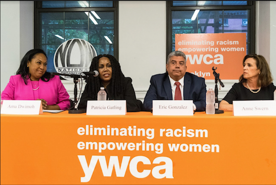 Candidates for district attorney in Brooklyn discuss policy ideas during a forum at the YWCA. From left: Ama Dwimoh, Patricia Gatling, Acting DA Eric Gonzalez and Anne Swern. Eagle photos by Rob Abruzzese