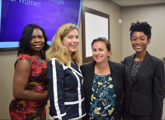 The Brooklyn Women's Bar and its new Young Lawyers Committee hosted its first event of the year on Wednesday on how to overcome wage discrimination. Pictured from left: Hon. Genine Edwards, President Michele Mirman, Florina Altshiler and Natoya L. McGhie. Eagle photo by Rob Abruzzese