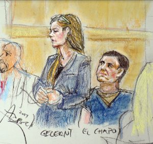 Federal Defenders of New York attorney Michelle A. Gelernt (standing) next to Joaquin "El Chapo" Guzman (seated) in court Monday morning. Court sketch by Alba Acevedo