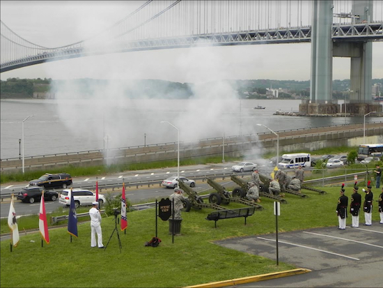 Soldiers at the Fort Hamilton Army Base fire a salute to Navy ships during the fort’s celebration of Fleet Week in May. The controversy over two streets on the fort named for Robert E. Lee and Stonewall Jackson shows no signs of dying down. Eagle file photo by Paula Katinas