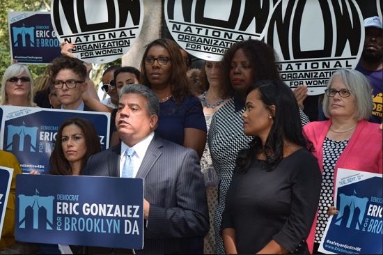 Acting DA Eric Gonzalez (center) is surrounded by (clockwise from left) Sonia Ossorio, of NOW-NY; Public Advocate Letitia James; state Assemblymember Latrice Walker; his wife Dagmar Gonzalez; and state Assemblymember Helene E. Weinstein. Eagle photos by Rob Abruzzese