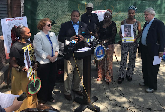 On Thursday, Sen. Jesse Hamilton and other elected officials called for an independent archaeological and architectural investigation at an empty lot in Gowanus that may be a slave burial ground. A pre-K school is planned for the site, but lawmakers are asking that its groundbreaking be delayed until proper research can be conducted. Photo courtesy of Sen. Hamilton’s office