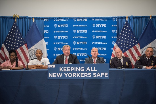 Mayor Bill de Blasio and Police Commissioner James O’Neil hold a press conference to announce increased security surrounding this year’s J’Ouvert celebration. Michael Appleton/Mayoral Photography Office