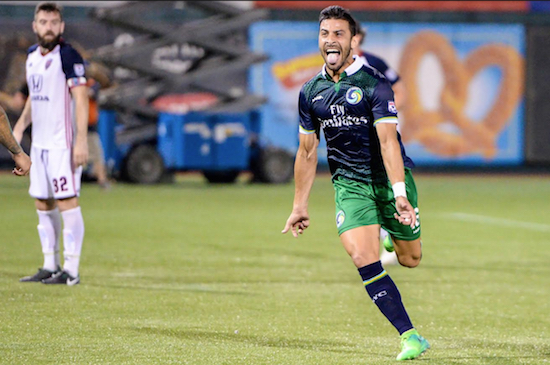 Juan Guerra celebrates his game-tying goal on Saturday. The Cosmos came from behind twice to salvage a point against the Indy Eleven in a 3-3 thriller at MCU Park. Photos courtesy of the New York Cosmos