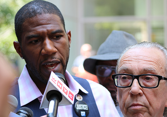 City Councilmember Jumaane Williams, left, speaks outside of the Brooklyn DA’s Office with the Juene family’s lawyer, Sanford Rubenstein, right. Eagle photos by Paul Frangipane