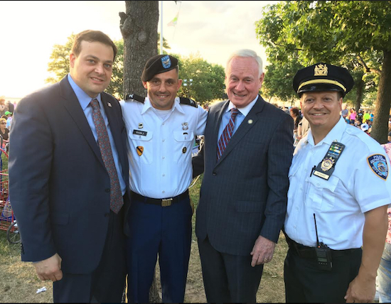 From left: City Council candidate John Quaglione, Col. Peter Sicoli, commanding officer at Fort Hamilton, State Sen. Marty Golden and Captain Joseph Hayward, commanding officer of the 68th Precinct at Night Out Against Crime at Shore Road Park. Eagle photo by John Alexander