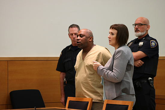 Everett Robinson with his lawyer, Rebecca Kabamagh at Brooklyn Supreme Court, as he is sentenced to seven years in prison for attempted robbery. Eagle photos by Paul Frangipane.