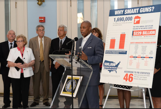 Brooklyn Borough President Eric Adams (at podium) speaks at the New York City Smart Gun Symposium on Aug. 2, 2016. On Wednesday, Adams announced the finalists for his $1 million Smart Gun Design Competition. Photo: Erica Sherman/Brooklyn BP’s Office