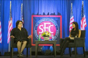 Justice Sonia Sotomayor sits down with Sparkle Sooknanan, a St. Francis College graduate and former clerk for Sotomayor. Eagle photo by Rob Abruzzese