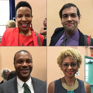 The fight over the future of the Bedford-Union Armory in Crown Heights was at the center of Wednesday night’s candidate forum for the hotly contested District 35 City Council race. Clockwise from top left: Incumbent Laurie Cumbo, Scott Hutchins, Ede Fox and Jabari Brisport. Photos by Mary Frost