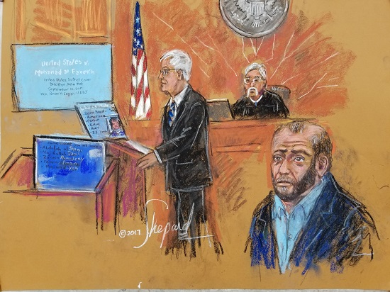 Muhanad Mahmoud Al Farekh, right, stands as his lawyer, David Ruhnke delivers an opening statement to jurors in Brooklyn’s federal court. Court sketch by Shirley Shepard.