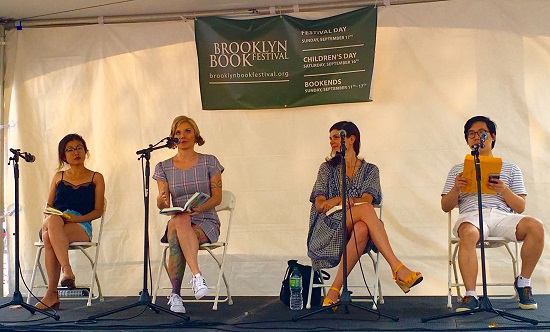 Alissa Nutting reads from her novel “Made for Love” at Sunday's Brooklyn Book Festival. Novelist Weike Wang is at left and novelist Courtney Maum is at right. Eagle photo by Lore Croghan
